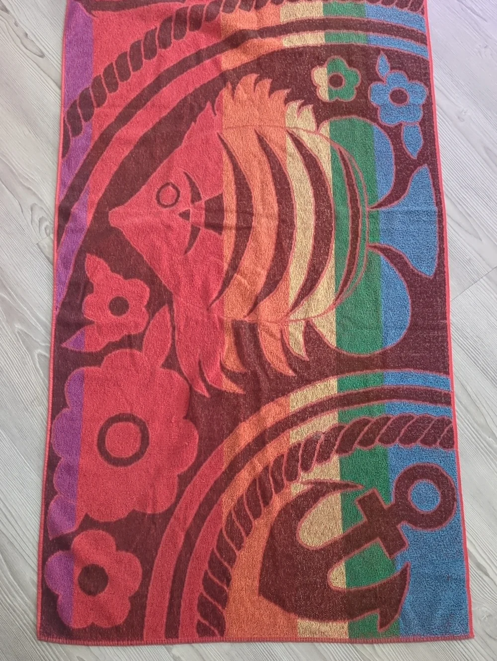 Vintage Colorful Cotton Fish Floral Beach Bath Towel 25x54 Retro Rainbow